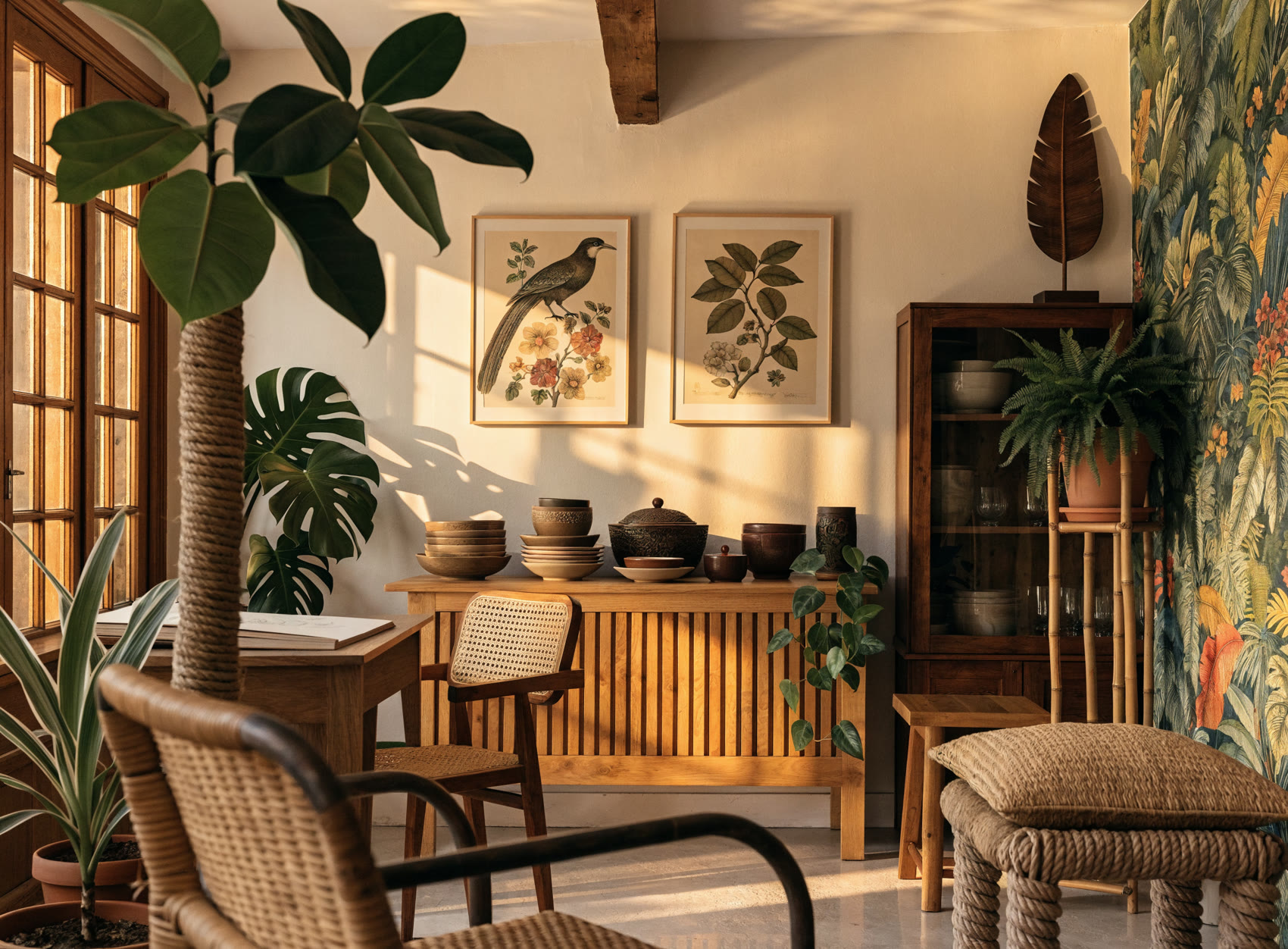 Cantinho do ateliê com quadros botânicos, cerâmicas e plantas